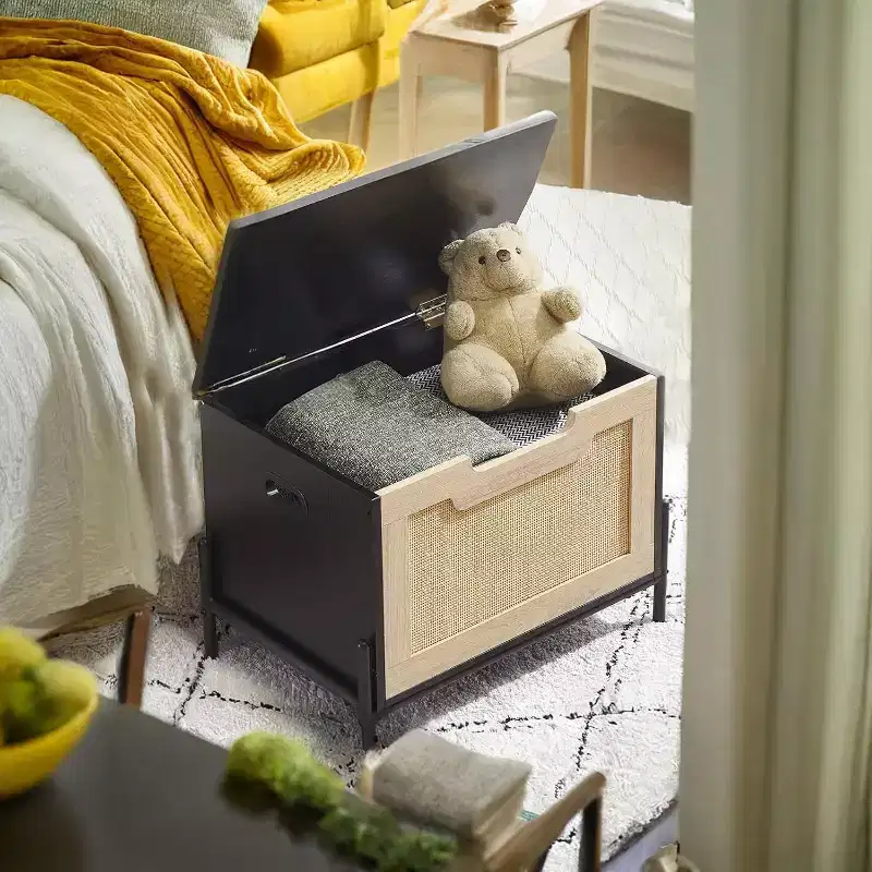 Rattan Storage Bench with Safety Hinge, 23.6