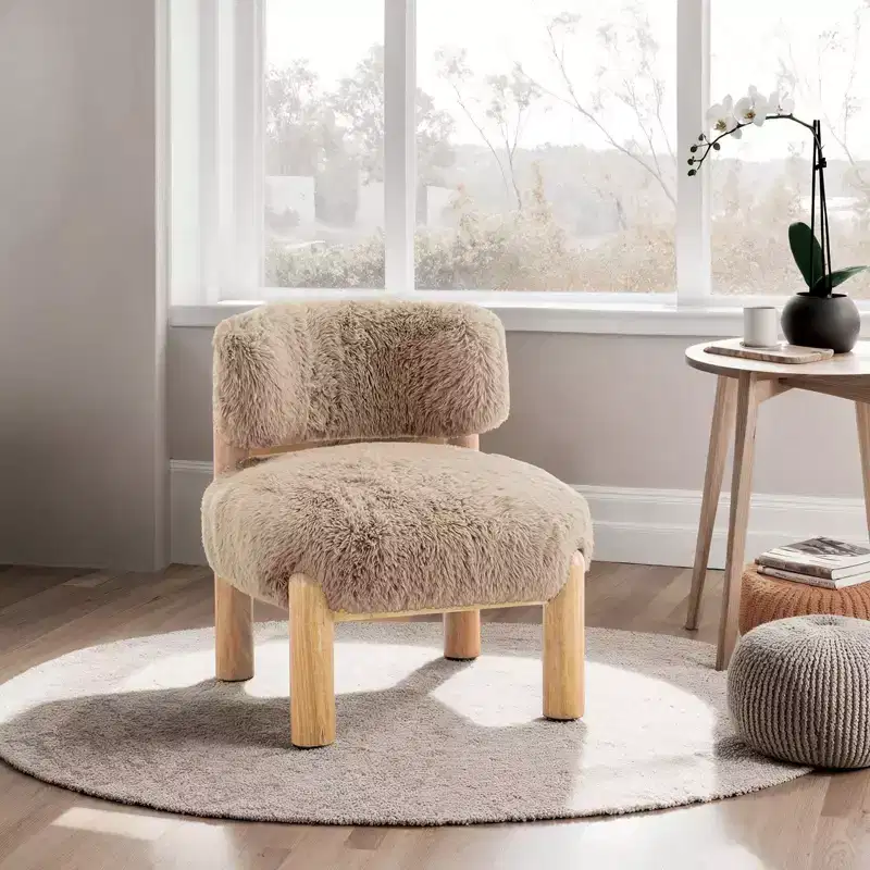 Modern Faux Fur Accent Chair with Wooden Legs