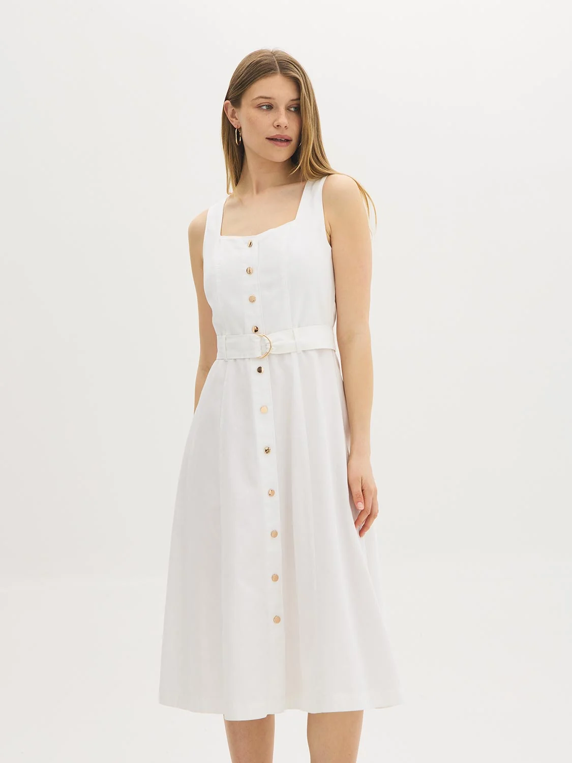 Cotton Denim Belted Midi Dress