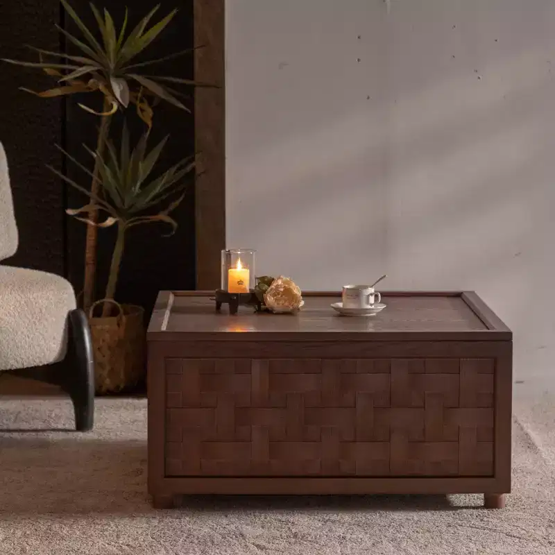 GDFStudio Bob Storage 31.5 Square Wood Coffee Table with Removable Lid and Weaving Decoration