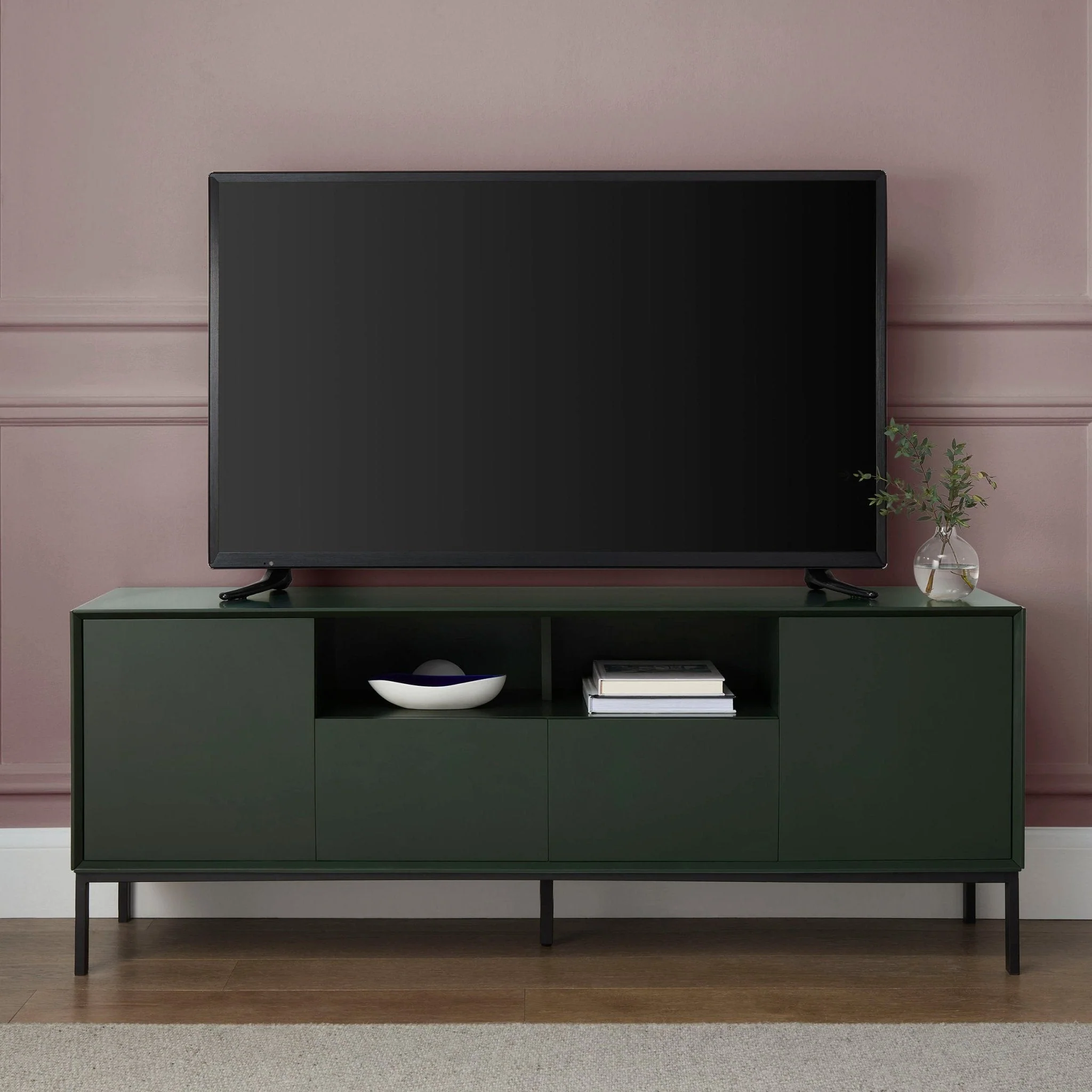 Contemporary Forest Green TV Unit with Push-Open Doors for TVs up to 60 Inch for Living Room