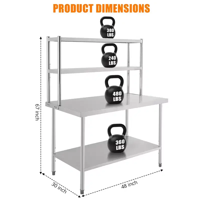 Garvee Commercial Stainless Steel Tables, Prep Table with Adjustable Shelves for Restaurant, Kitchen, Silver