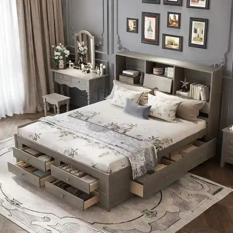 King Size Platform Bed with Storage Bookshelf and 8 Drawers
