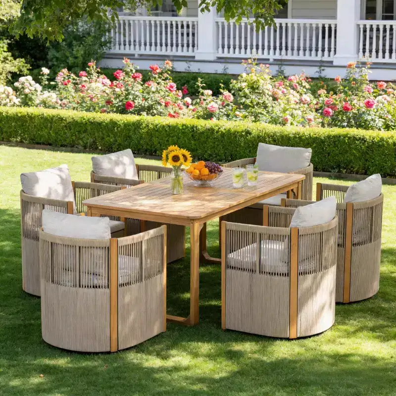 Christopher Knight Home Harrison Patio Modern Acacia Wood 7-Piece Dining Set 6 Swivel Rope Chairs