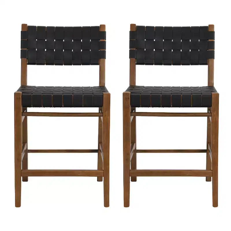 Christopher Knight Home Lumft 24.25 Woven Leather Rubberwood Counter Stool with Footrest