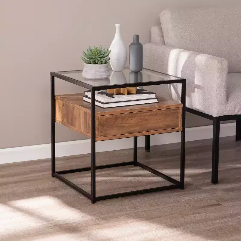 Glass-Top End Table with Storage - Black