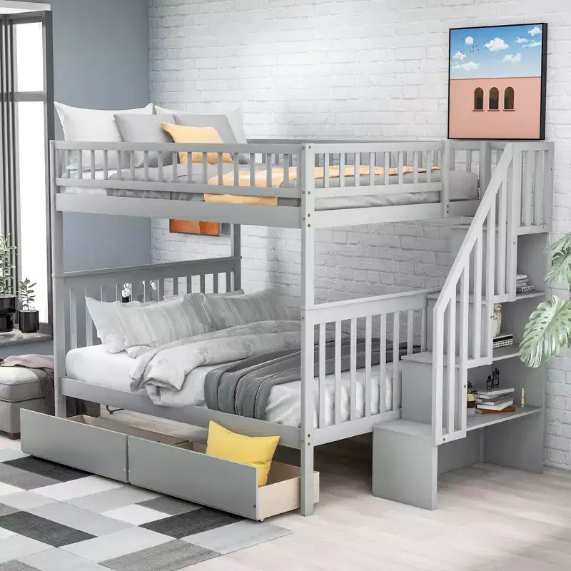 Full over Full Bunk Bed with Two Storage Drawers and Storage Shelves for Kids Teens Adults Bedroom