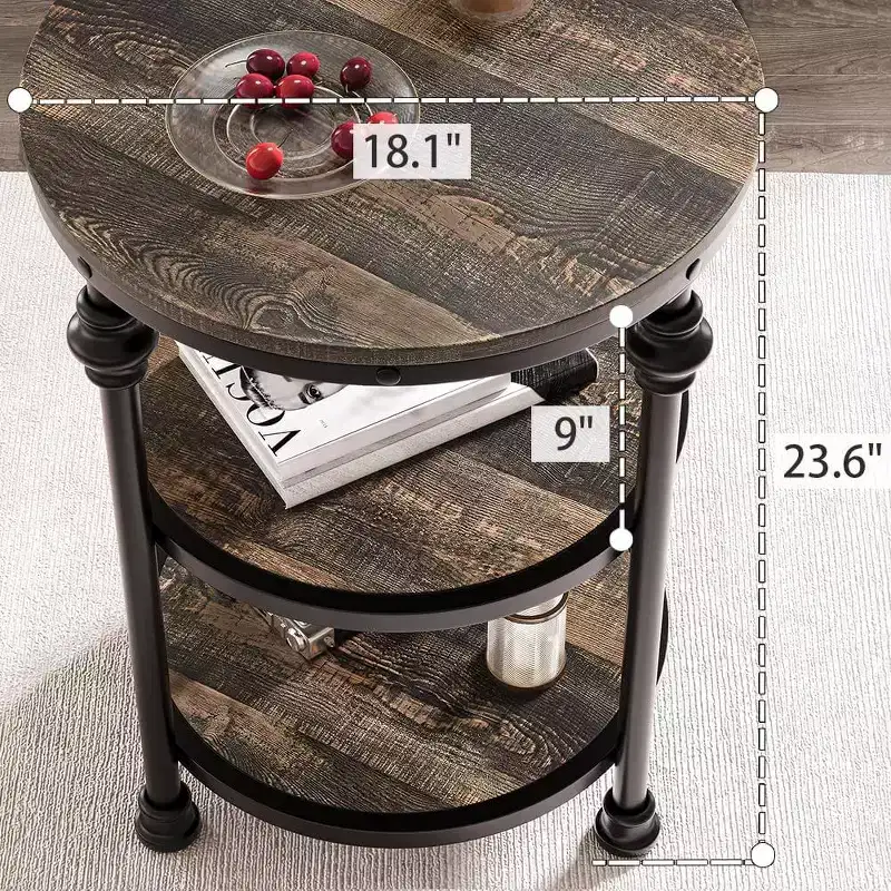 Acekool 3-Tier Round End Table with Metal Frame, Rustic Bedside Table for Living Room & Bedroom, Industrial Design