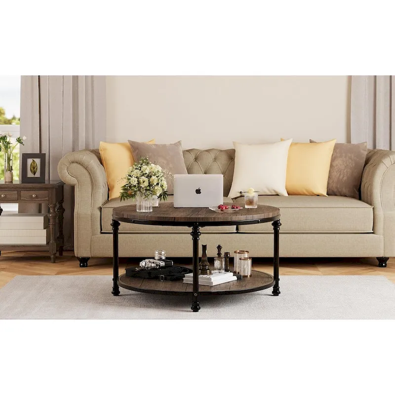 Round Coffee Table with 2-Tier Shelf, 30.31