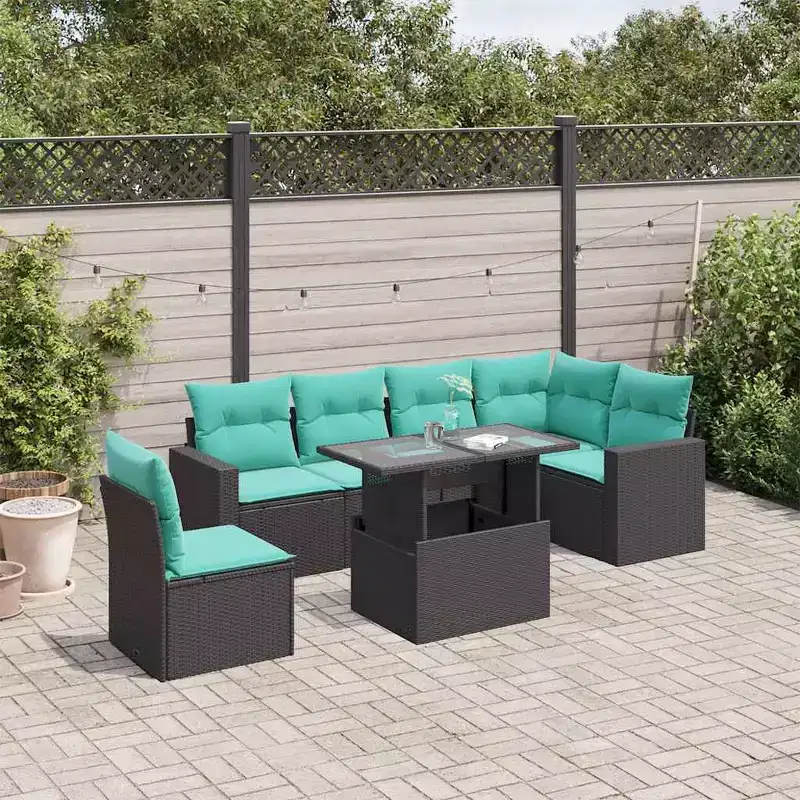 vidaXL Patio Sofa Set with Cushions and Table Outdoor 7 Piece Poly Rattan