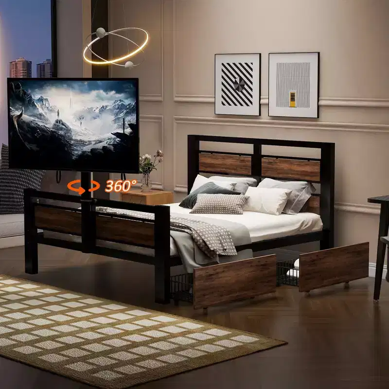 Twin Size Metal Platform Bed Frame with MDF Headboard Footboard, 2 Storage Drawers Rotatable TV Stand, Industrial, Black