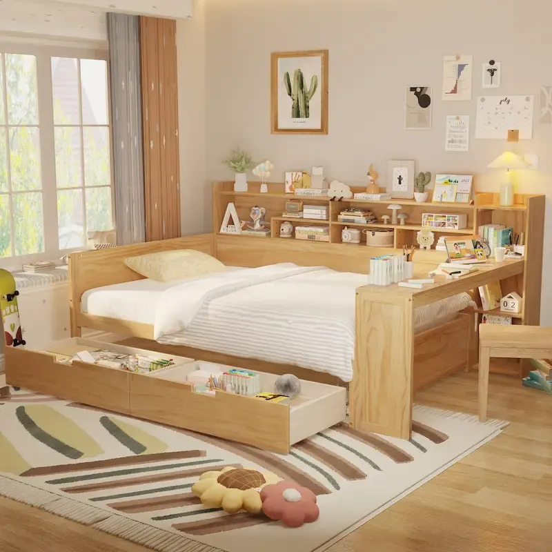 Full Size Multifunctional Daybed with Storage Shelves, Two Drawers & Built-in Study Desk