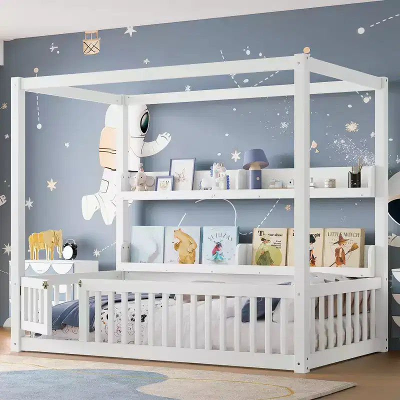 Twin/Full Size Canopy Bed with Shelves and Guardrails, Wood Floor Bed with Door for Kids