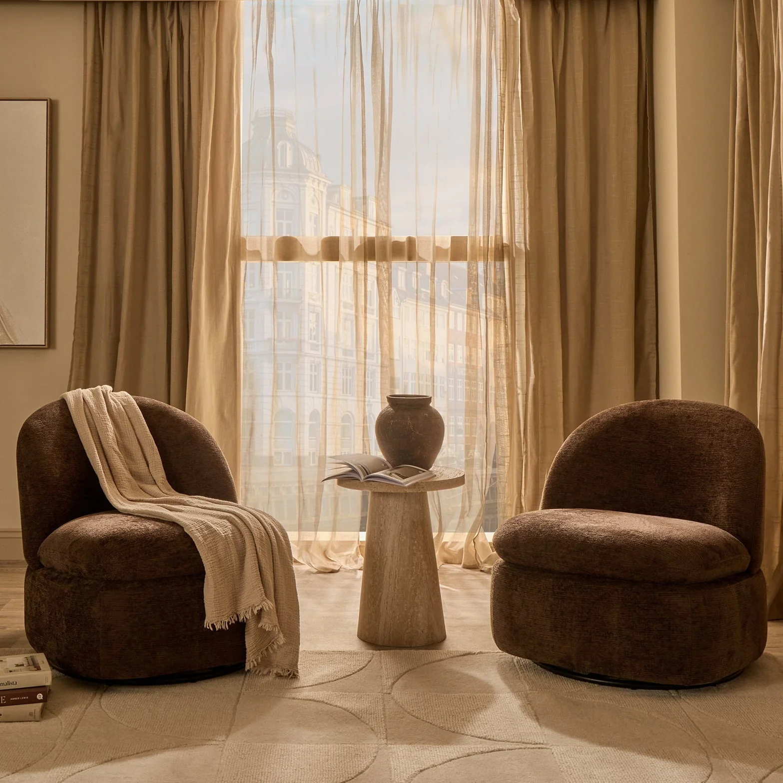 Modern Cappuccino Textured Fabric Swivel Accent Chair with 360° Rotation for Living Room
