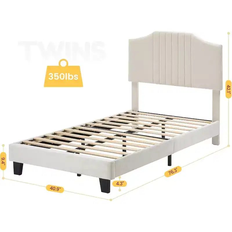 Twin Plus Size Beige Kids Bed, Sturdy Velvet Headboard, Oak Wood Slats, Squeak Resistant, No Box Spring Needed, Easy Assembly