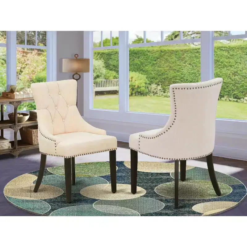 HomeStock Friona Parson Dining Chairs Button Tufted Linen Fabric Light Beige Black