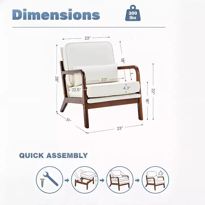 Summit Adventure Mid Century Modern Accent Chair with Arms Waist Cushion Solid Wooden Frame Cream Lounge Chair
