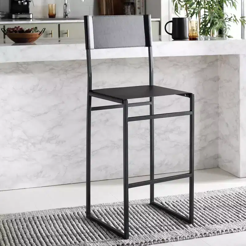 Modern Barstool – Iron Frame with Leather Seat, Light Grey & Black