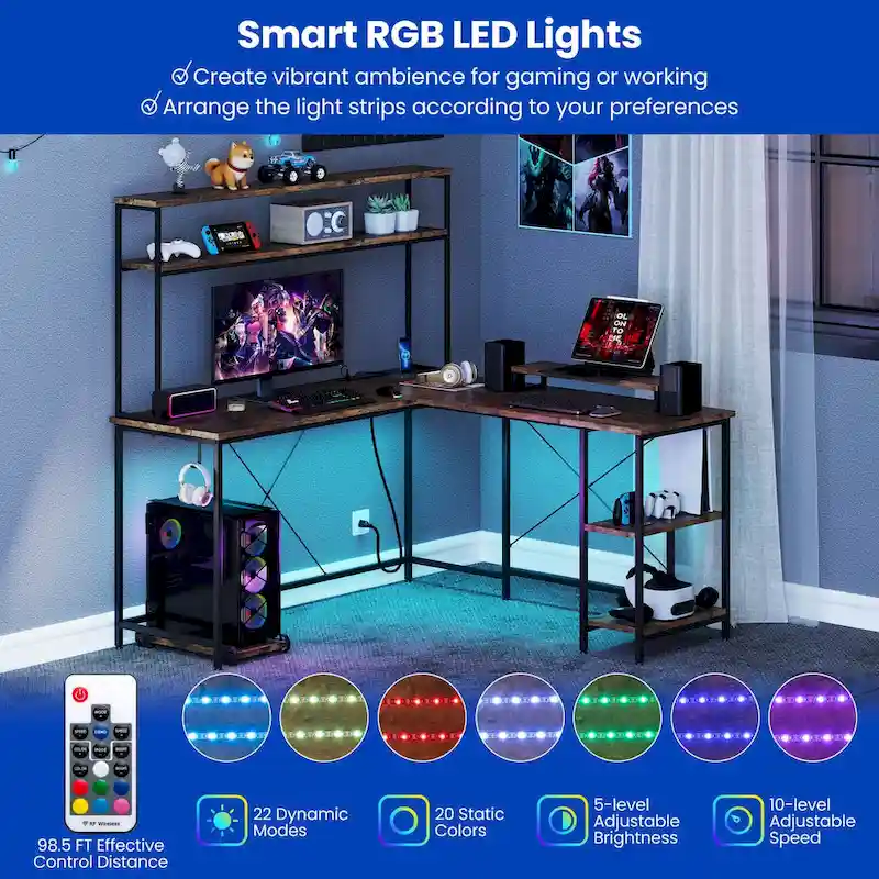 L-Shaped Gaming Desk with LED Strip & Power Outlets