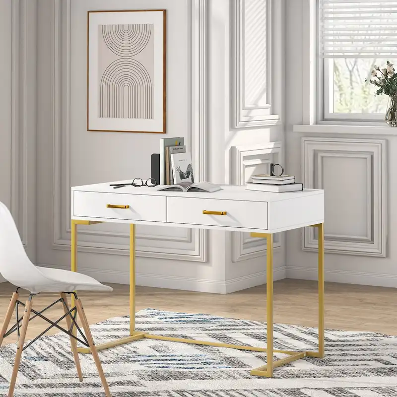 Modern Computer Desk / Writing Desk with 2 Drawers for Bedroom, Home Office