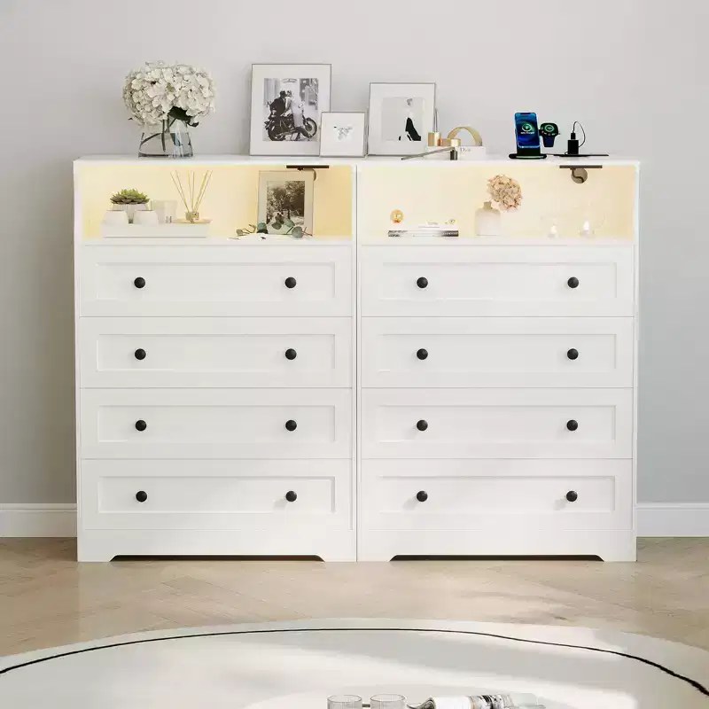 Wood 4-Drawer Dresser with LED Lights & Charging Station