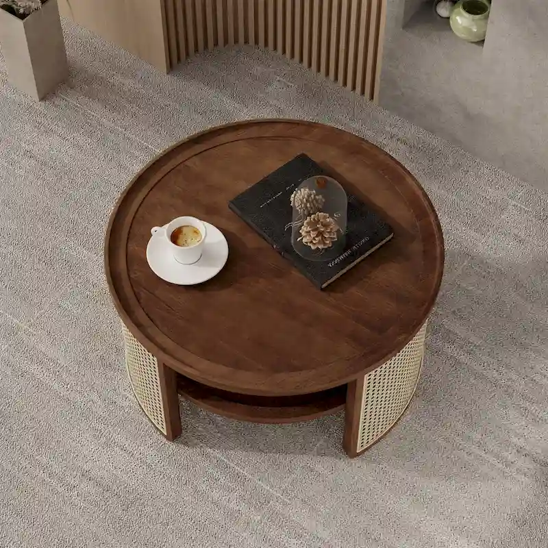 Round Walnut Wood Coffee Table with Tiered Storage