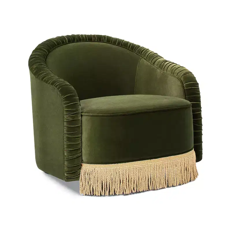 Jennifer Taylor Home Serena 31.5 Ruched Barrel Back Accent Arm Chair with Bullion Fringe, Olive Green Performance Velvet
