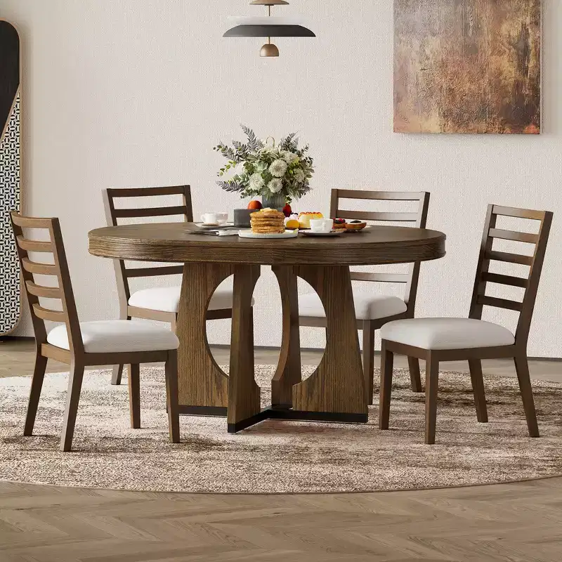 Whisen 5-Piece Retro Rustic Functional Dining Set with 1 Extendable Table and 4 Upholstered Chairs