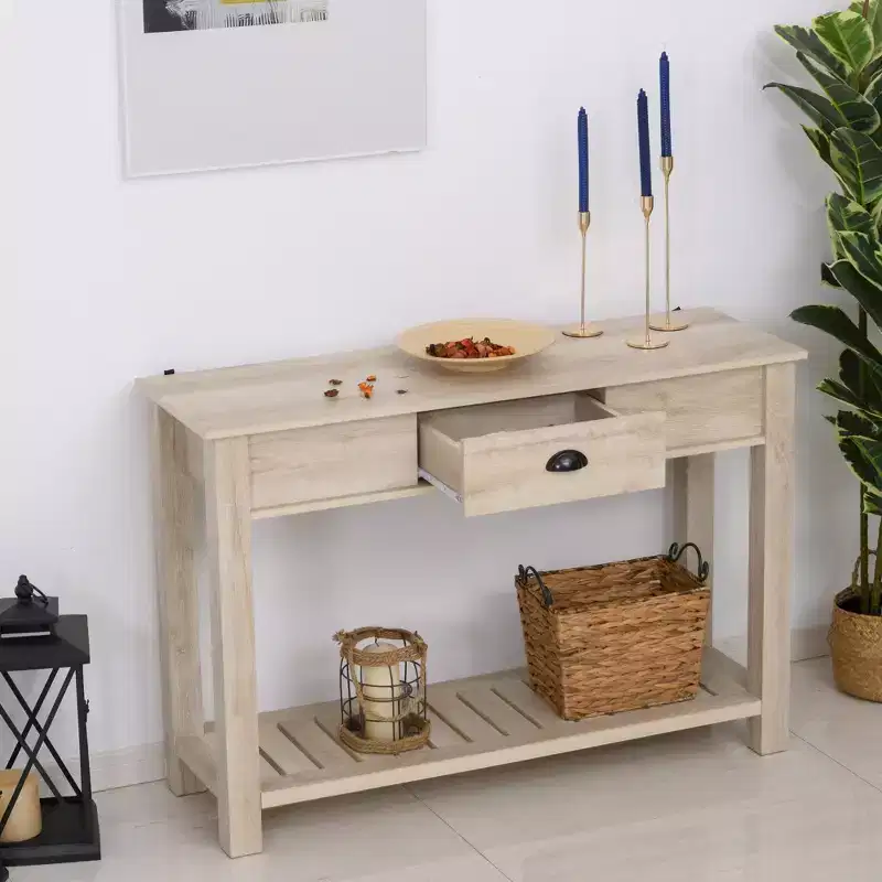 HOMCOM Console Side Entryway Table with Storage Drawer, Bottom Shelf, and Strong Sturdy Construction, White Oak