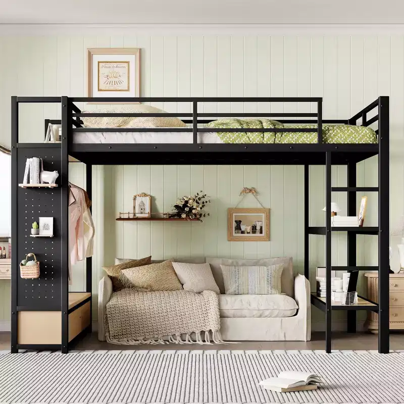 Queen size Loft Bed Frame with Wardrobe,Metal Loft Bed with Storage Shelves and Pegboard,Black