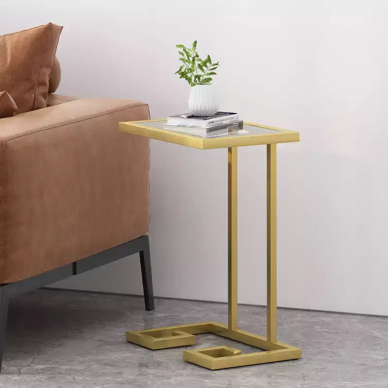 Modern Glam C Shaped End Table Gold - : Sleek Side Table, Tempered Glass Top, Iron Frame