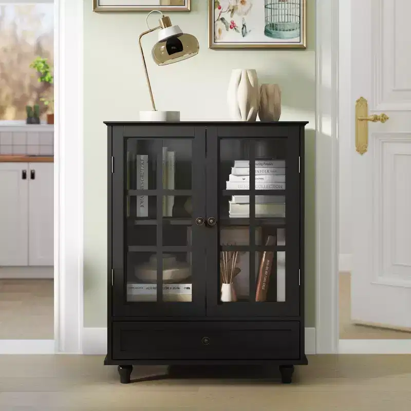Green/Black/Blue Storage Cabinet with Glass Doors, 2 Doors & 1 Drawer, for 1 Person