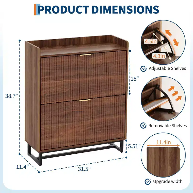 Walnut Fluted Shoe Storage Cabinet with 2 Flip Drawers. Hidden Shoe Organizer for Entryway or Hallway