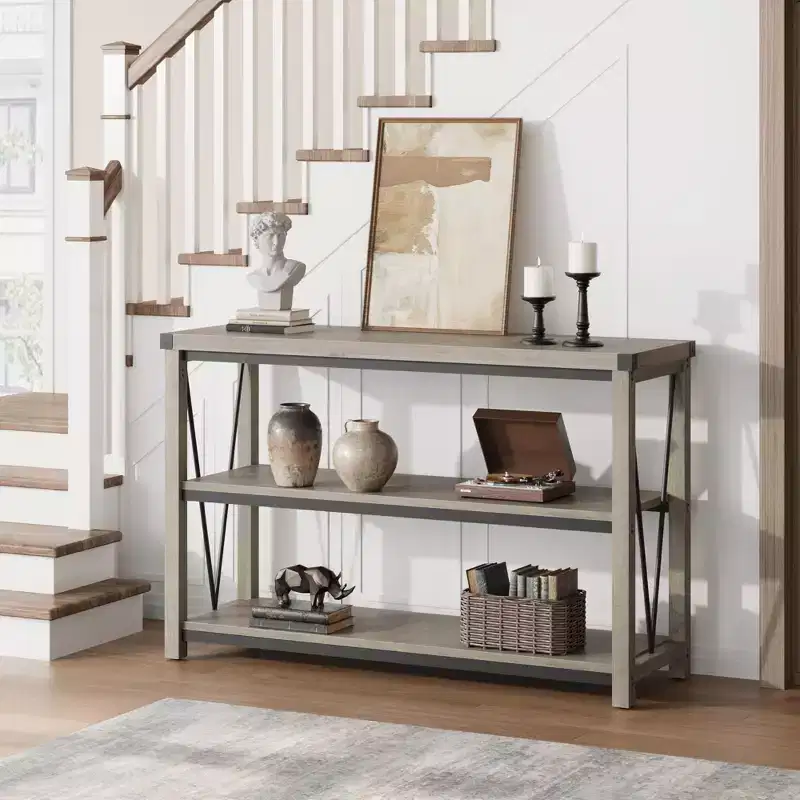 Farmhouse Entryway Table,47 Inch Narrow Long Console Table with Storage, 3 Tier Wood Console Table