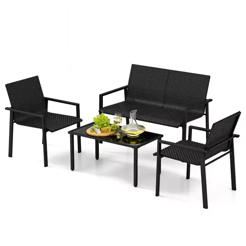 Costway 4 PCS Outdoor Wicker Patio Furniture Set with Heavy-Duty Galvanized Metal Frame Mix Brown/Black