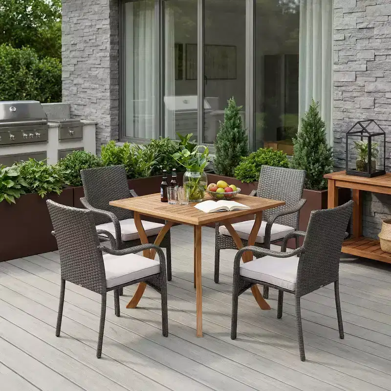 Christopher Knight Home Jose Modern 5 Piece Patio Iron Chairs with PE Rattan Design and Acacia Dining Table Set