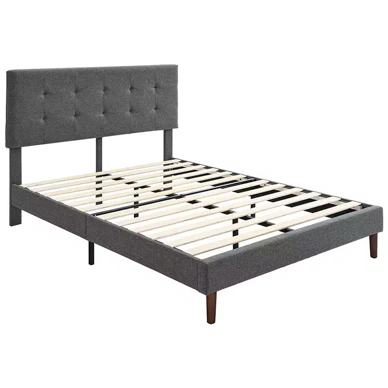 Upholstered Platform Bed with Square Stitch Headboard, Queen, Dark Grey