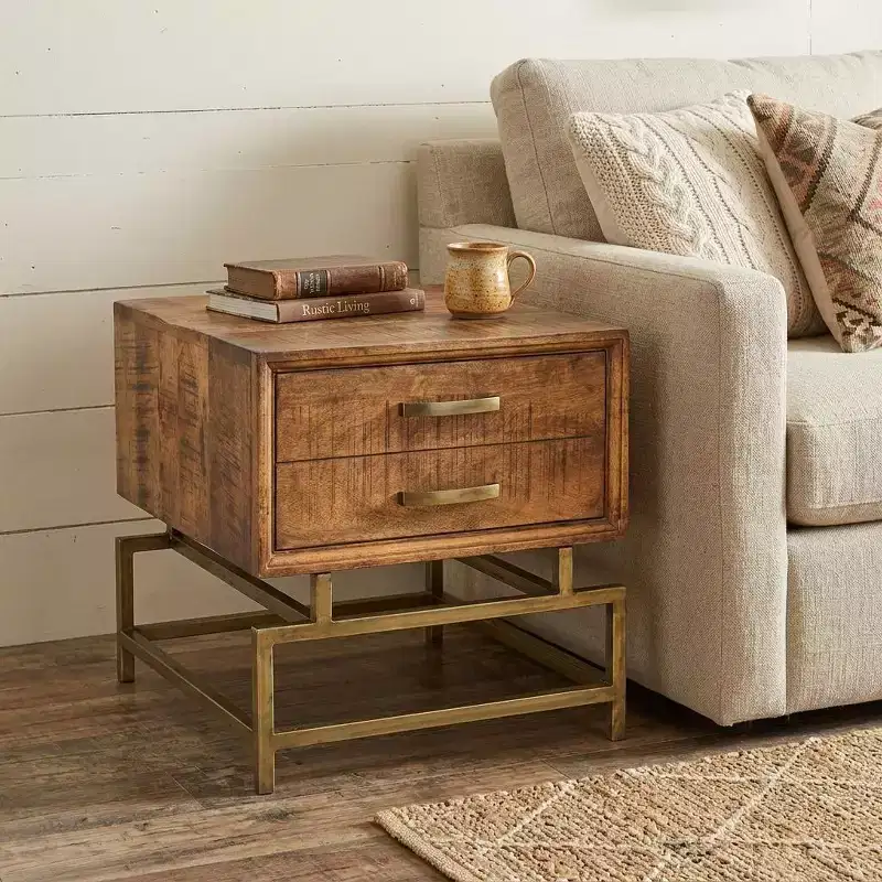 HomeRoots 21 Brass And Brown Solid Wood And Iron Square End Table With Drawer