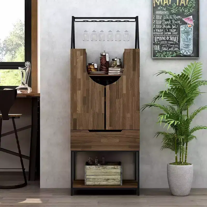 24/7 Shop At Home Meluse Multi Storage Wine Cabinet Light Hickory: Elegant Dining Hutch, Bar & Winery Storage