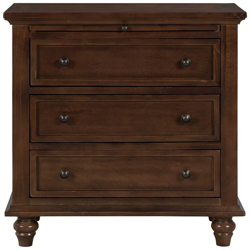 Solid Pine Wood End Table with Pull-out Tray and 3 Drawer, Easy Assembly