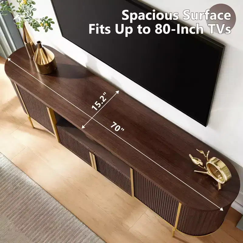 70 Fluted TV Stand, Modern Entertainment Center with Faux Marble Top and Curved Design, Media Console for Living Room Storage