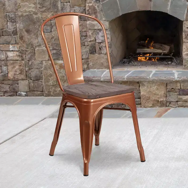 Colorful Metal Dining Stack Chair with Wood Seat, 500 lb Capacity