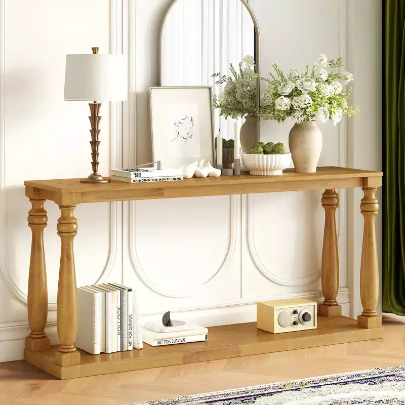 Wood Console Table with Vase Legs and Base Shelf