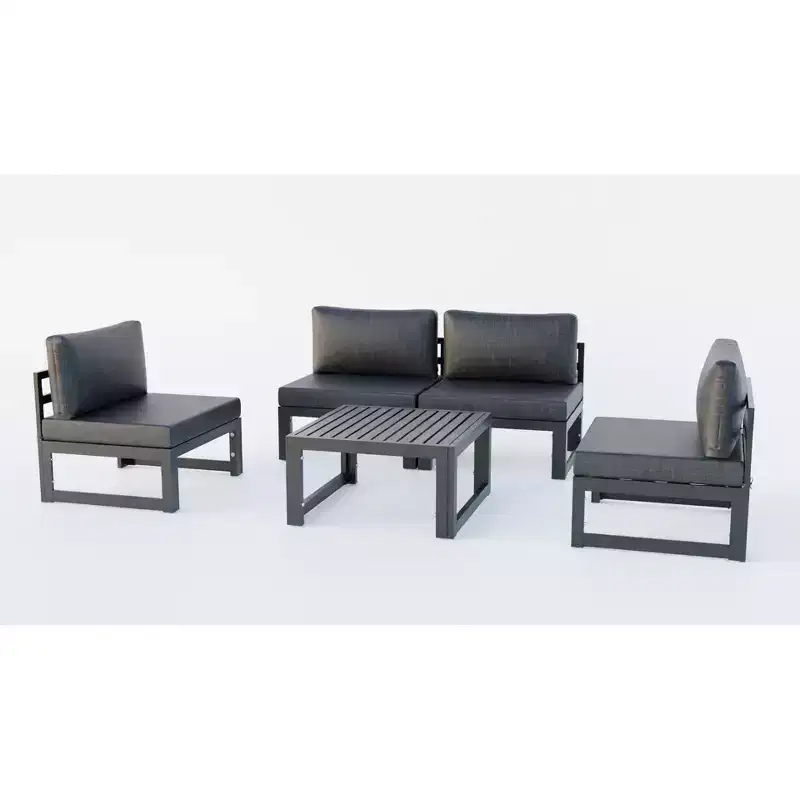 LeisureMod Chelsea 5-Piece Outdoor Patio Sectional Set with Coffee Table  Black Aluminum Frame, Cushions, Weather-Resistant