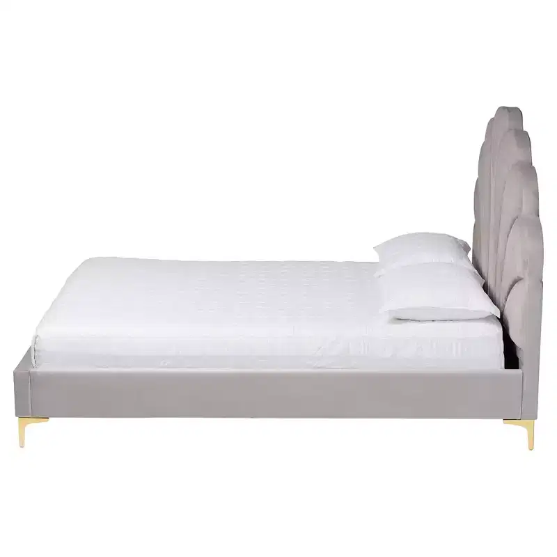 Baxton Studio Queen Size Acosta Velvet Seashell Headboard Platform Bed Light Gray/Gold