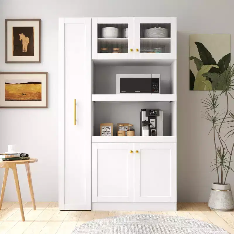 43W Multifunctional Kitchen Pantry Storage Cabinet Pantry Organizer with Pull-out Multi-tier Storage Shelf and 4 Doors, White-ModernLuxe