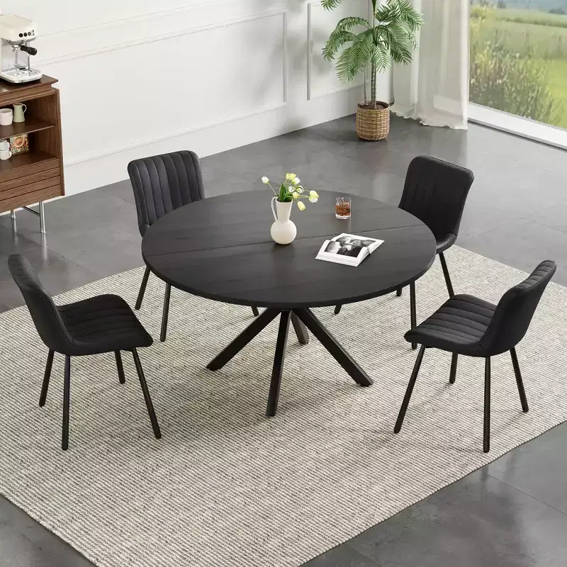 Round Dining Table for 4–6, Black / Natural / Walnut, Metal Cross Legs