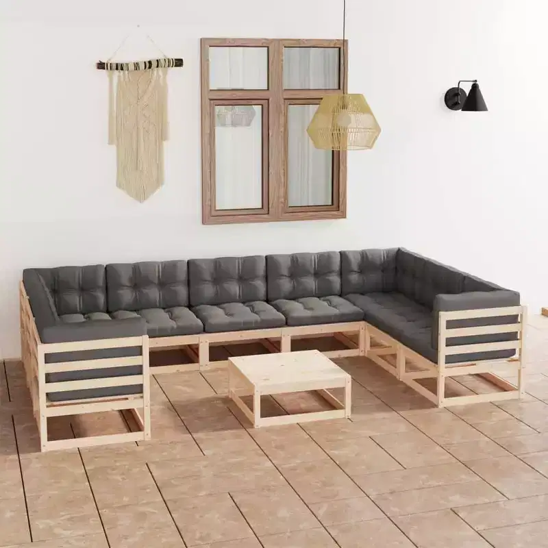 vidaXL 10 Piece Patio Lounge Set with Cushions Solid Wood Pine - Natural Yes