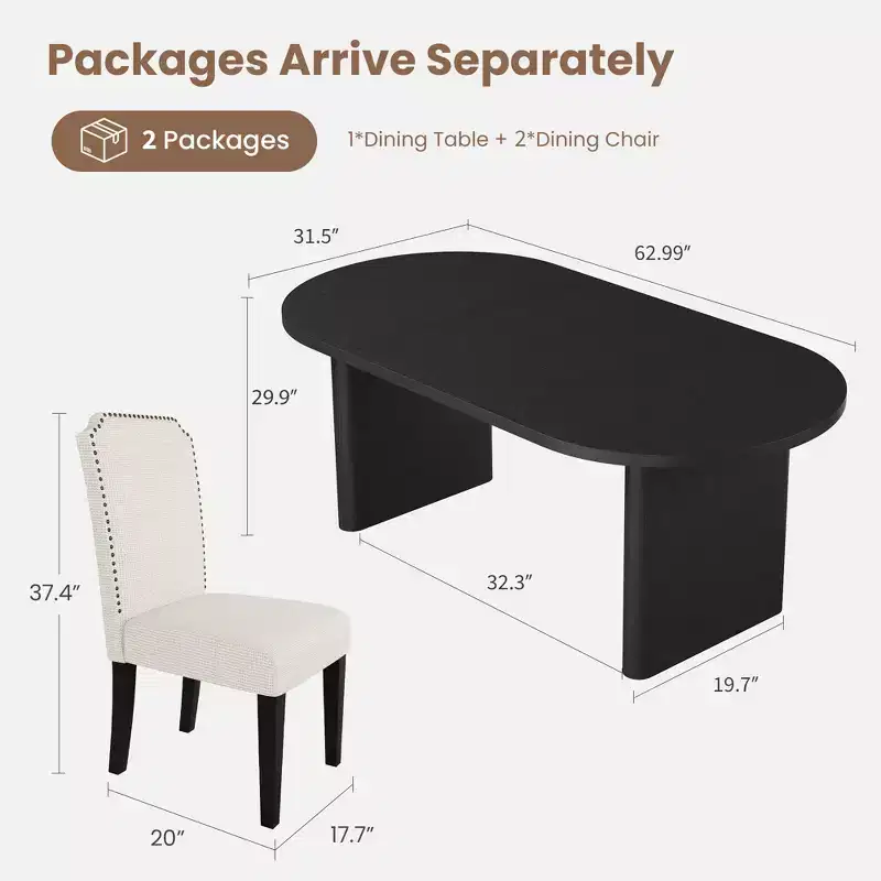 63 Inch Oval Dining Table with 2Upholstered Dining Chairs, Kitchen Table with Thick Sturdy Wooden Base, High Back Wood Dining Chair for Kitchen