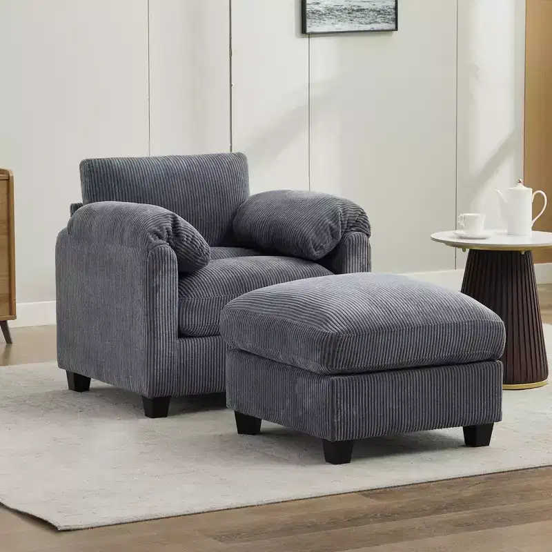 HYLEORY Single Armchair with Ottoman, Modern Corduroy Cloud Couch with Convertible Chaise, Upholstered Sofa Set for Living Room and Office
